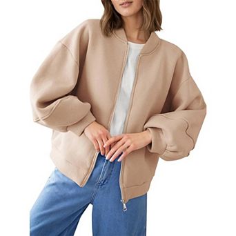 Women's Oversized Zip Up Bomber Jacket Casual Long Sleeve Loose Coat Lightweight Outwear