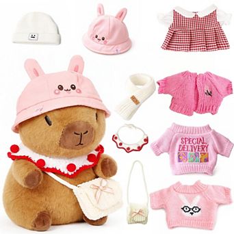 10.2" Brown Capybara Plush Toy with 9 Clothes and Accessories Super Soft Capybara Toy,pink sweater