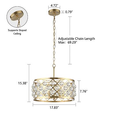 17.83 in. 4-Light Modern Glam Crystal Drum Chandelier for Dining Rooms, Kitchen Islands