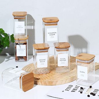 18 pc 240ml Square Seasoning Jar Pepper Powder Wood Glass Tank Spice Bottle