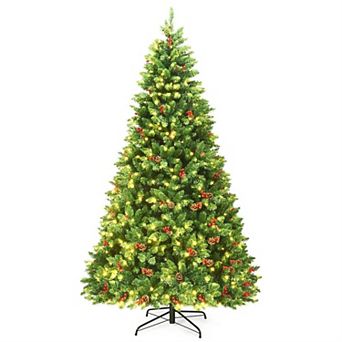 Green Pre-Lit Hinged Christmas Tree - 7 Feet, 550 LEDs, 1526 Branch Tips, Pine Cones & Red Berries