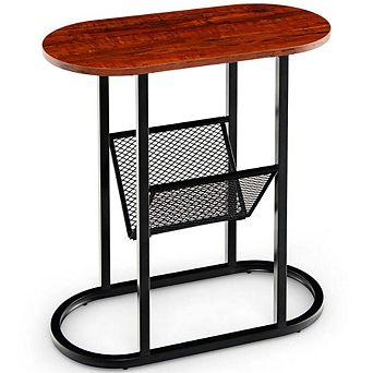 2 tier Oval Narrow Bedside End Table-Rustic Brown, Small Side Table