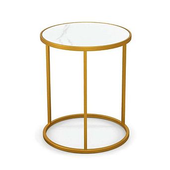 16 Inch Marble Top Round Side Table with Golden Metal Frame for Living Room