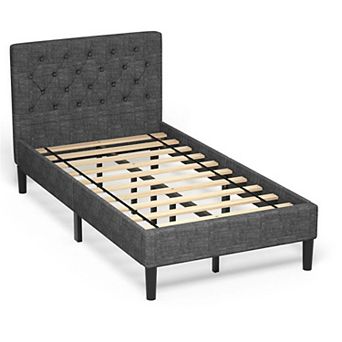 Gray Twin Size Bed with Headboard and Button Tufted Headboard, Slat Support