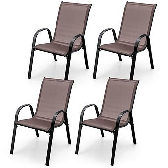 4 pc Brown Stackable Patio Dining Chairs, Ergonomic Breathable Outdoor Chairs with Armrest