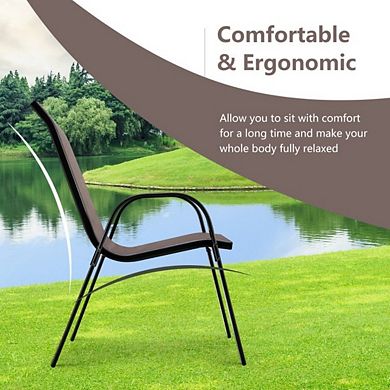 4 Pcs Brown Stackable Patio Dining Chairs, Ergonomic Breathable Outdoor Chairs with Armrest