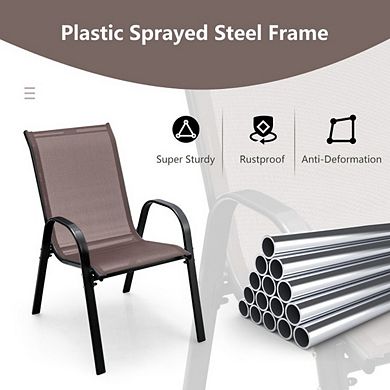 4 Pcs Brown Stackable Patio Dining Chairs, Ergonomic Breathable Outdoor Chairs with Armrest