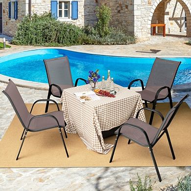 4 Pcs Brown Stackable Patio Dining Chairs, Ergonomic Breathable Outdoor Chairs with Armrest