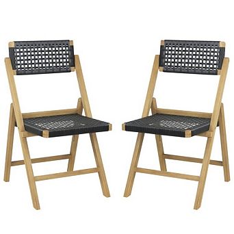 2-Pack Folding Teak Wood Dining Chairs with Woven Rope Seat & Back (Black and Brown)