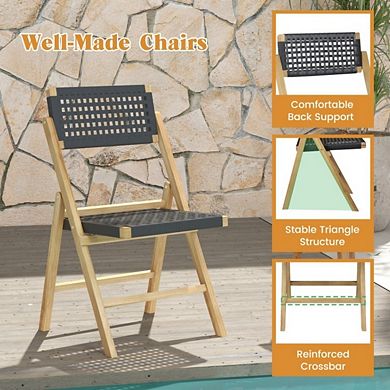 2-Pack Folding Teak Wood Dining Chairs with Woven Rope Seat & Back (Black and Brown)