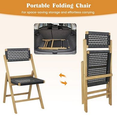 2-Pack Folding Teak Wood Dining Chairs with Woven Rope Seat & Back (Black and Brown)