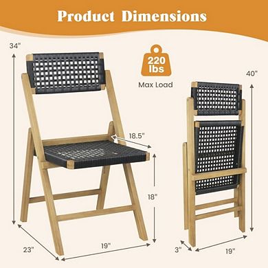 2-Pack Folding Teak Wood Dining Chairs with Woven Rope Seat & Back (Black and Brown)