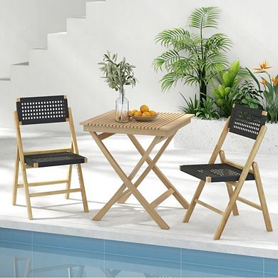 2-Pack Folding Teak Wood Dining Chairs with Woven Rope Seat & Back (Black and Brown)