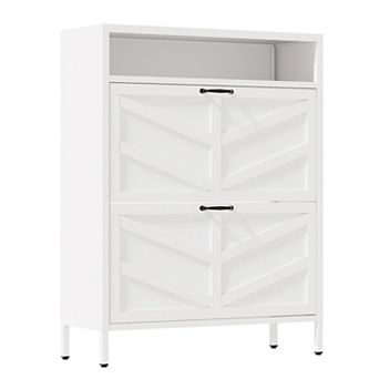 KTMBDW Metal Shoe Cabinet with 2 Flip Drawers and Open Storage Rack, Freestanding Shoe Organizer
