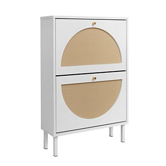 KTMBDW Rattan Shoe Cabinet Storage, Modern Freestanding Organizer with 2 Flip Drawers
