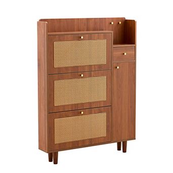 KTMBDW Rattan Shoe Cabinet with 3 Flip Drawers and Storage Cabinet, Freestanding Shoe Organizer