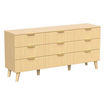 KTMBDW 9 Drawer Dresser for Bedroom, Fluted Wooden Chest of Drawers, Natural
