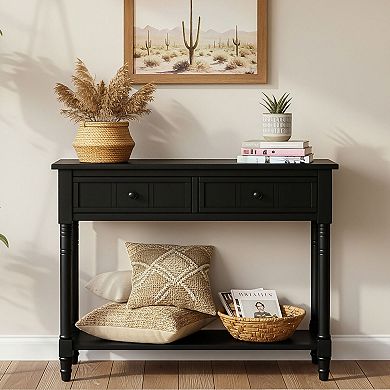 KTMBDW Console Table with 2 Drawers and Open Storage Shelf, Black