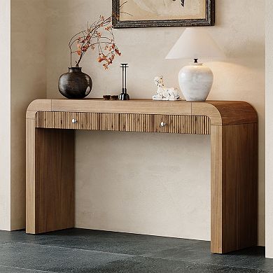 KTMBDW Rustic Console Table with 3 Fluted Drawers, Sofa Table with Thick Legs for Living Room