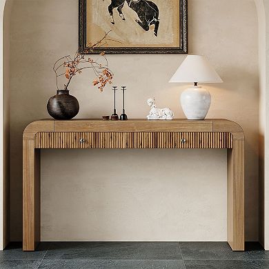 KTMBDW Rustic Console Table with 3 Fluted Drawers, Sofa Table with Thick Legs for Living Room