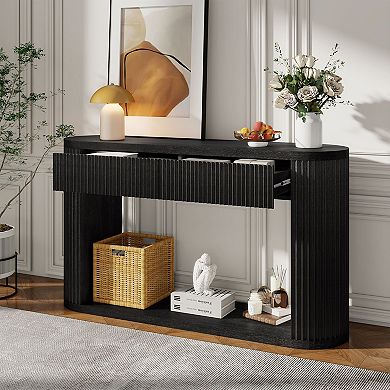 KTMBDW Oval Fluted Console Table with 2 Drawers and Bottom Shelf for Living Room