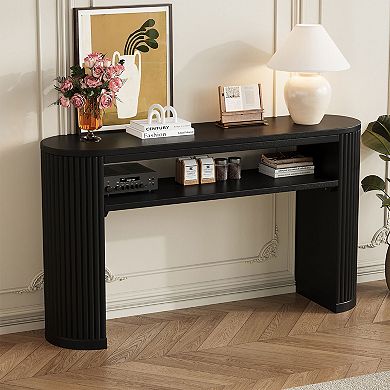 KTMBDW Rustic Console Table with Fluted Legs, Oval Accent Table with Open Shelf for Living Room