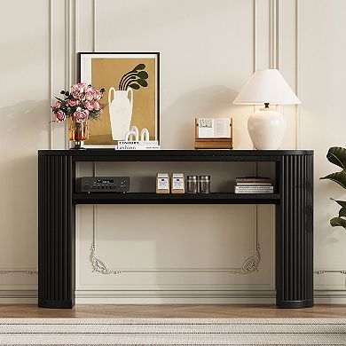 KTMBDW Rustic Console Table with Fluted Legs, Oval Accent Table with Open Shelf for Living Room