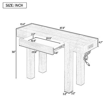 KTMBDW Rustic Console Table with Drawer and Side Power Outlet, Entryway Table for Living Room