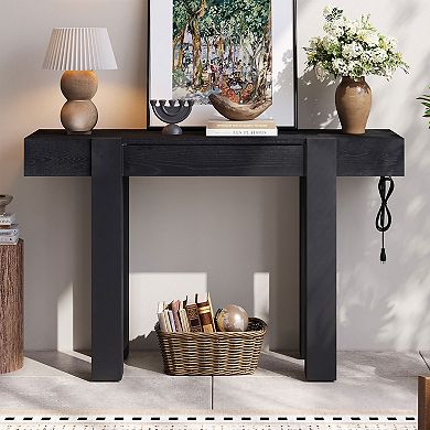 KTMBDW Rustic Console Table with Drawer and Side Power Outlet, Entryway Table for Living Room