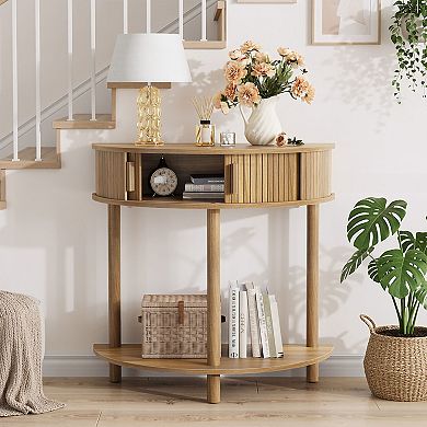 KTMBDW 31.5-Inch Grooved Half-Moon Console Table with Two Doors for Living Room