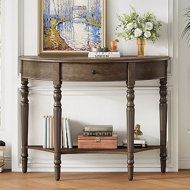 KTMBDW Farmhouse Half Moon Console Table with Drawer and Open Shelf for Living Room