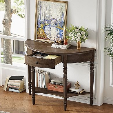 KTMBDW Farmhouse Half Moon Console Table with Drawer and Open Shelf for Living Room