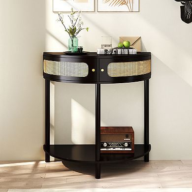 KTMBDW Half Moon Shaped Console Table with 2 Rattan Storage Cabinet and Bottom Shelf for Living room