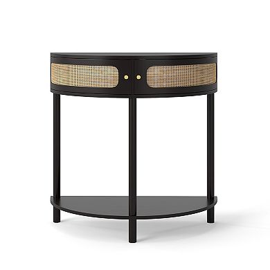 KTMBDW Half Moon Shaped Console Table with 2 Rattan Storage Cabinet and Bottom Shelf for Living room