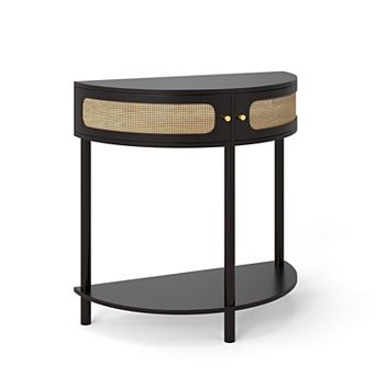 KTMBDW Half Moon Shaped Console Table with 2 Rattan Storage Cabinet and Bottom Shelf for Living room