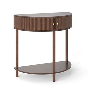 KTMBDW Half Moon Shaped Console Table with 2 Rattan Storage Cabinet and Bottom Shelf for Living room