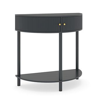 KTMBDW Half Moon Shaped Console Table with 2 Rattan Storage Cabinet and Bottom Shelf for Living room