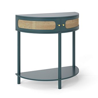 KTMBDW Half Moon Shaped Console Table with 2 Rattan Storage Cabinet and Bottom Shelf for Living room