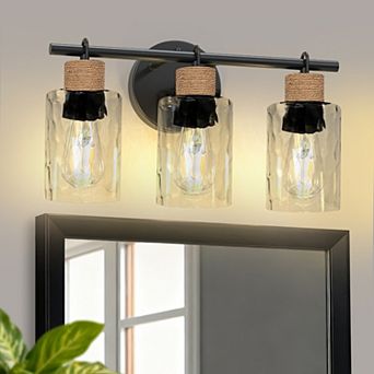 17.3 in 3-Light Black Vanity Light with Cork & Water Ripple Shade for Bathroom