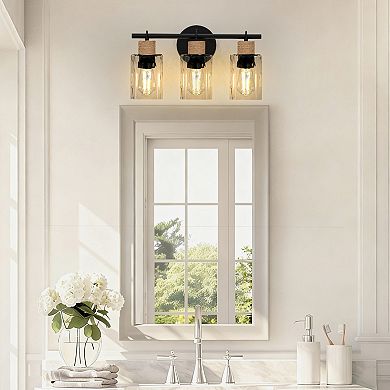 17.3 in 3-Light Black Vanity Light with Cork & Water Ripple Shade for Bathroom