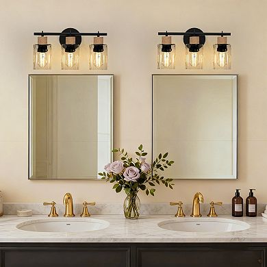17.3 in 3-Light Black Vanity Light with Cork & Water Ripple Shade for Bathroom