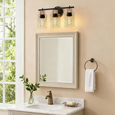 17.3 in 3-Light Black Vanity Light with Cork & Water Ripple Shade for Bathroom