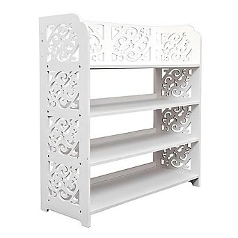 Wood-plastic Board Four Tiers Carved Shoe Rack White