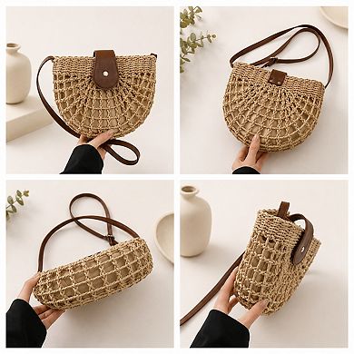 Woven Straw Crescent Crossbody Handbag with Adjustable Shoulder Strap