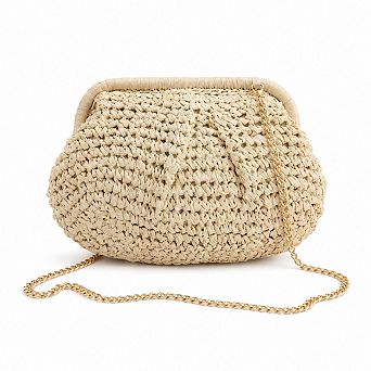 Woven Straw Crossbody Bag Small Chain Shoulder Handbag with Flap Closure