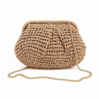 Woven Straw Crossbody Bag Small Chain Shoulder Handbag with Flap Closure