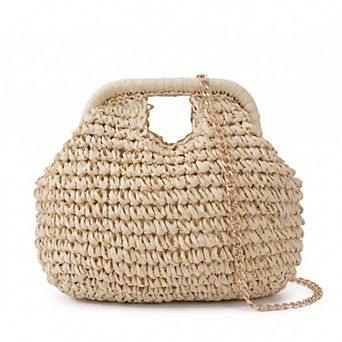 Small Woven Straw Handbag Chain Crossbody Bag with Top Handle and Flap Closure