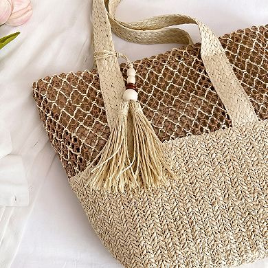 Woven Straw Tote Bag with Zip Closure Shoulder Straps and Tassel Accent