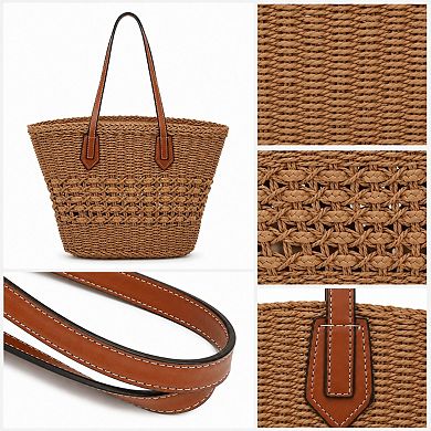 Woven Straw Tote Bag with Zip Closure Small Interior Pocket and Leather Handles