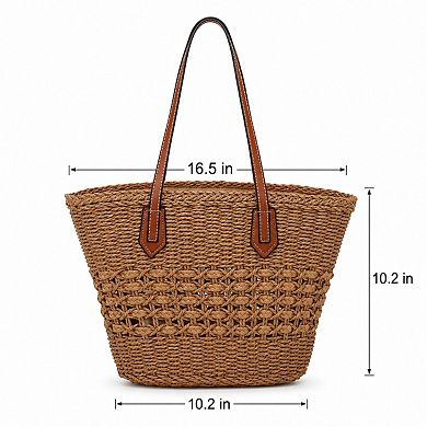 Woven Straw Tote Bag with Zip Closure Small Interior Pocket and Leather Handles